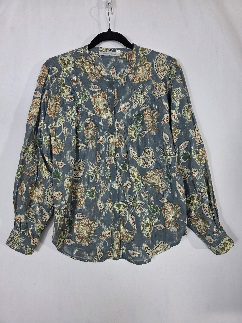 bishop + young Blue Paisley Floral Button-Front long sleeves collarless Blouse